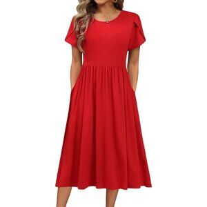 🆕Women Red Casual Cotton Summer Dress Short Sleeve Flowy T-Shirt Midi Sundress